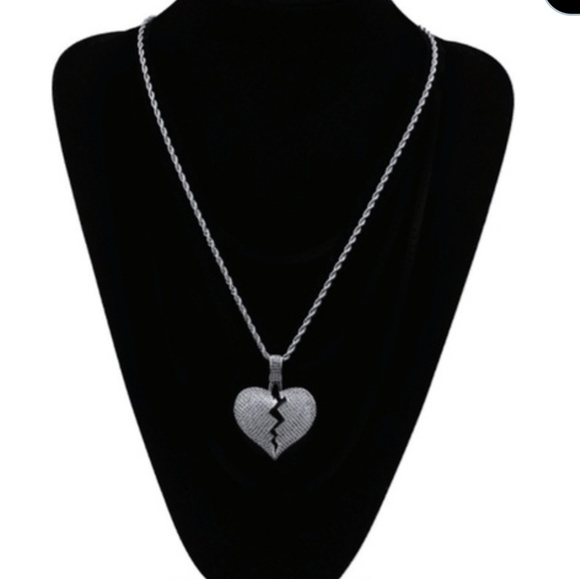Silver Heart Broken Iced Out Pendant Necklace - Picture 4 of 11